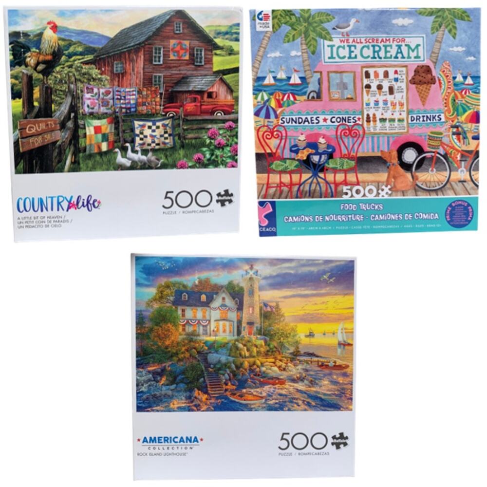 Lot of 3 Jigsaw Puzzles 500 Piece County Life Food Trucks Rock Island Lighthouse
